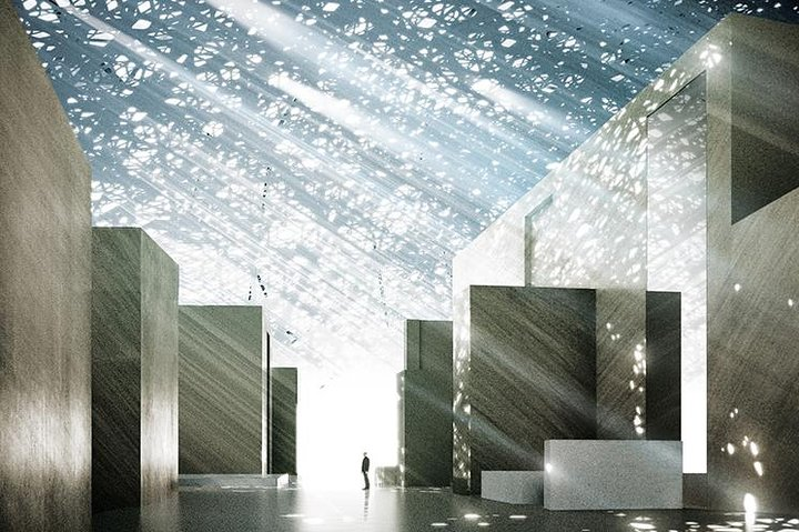 Step into a realm where art meets architecture as sunlight filters through the stunning dome illuminating the striking features of the Louvre Abu Dhabi. Experience a cultural journey like no other.